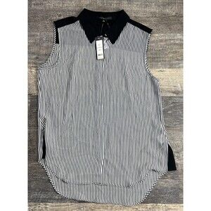 TREND by Tahari Black White Striped Print Tank Blouse Size Medium High Low